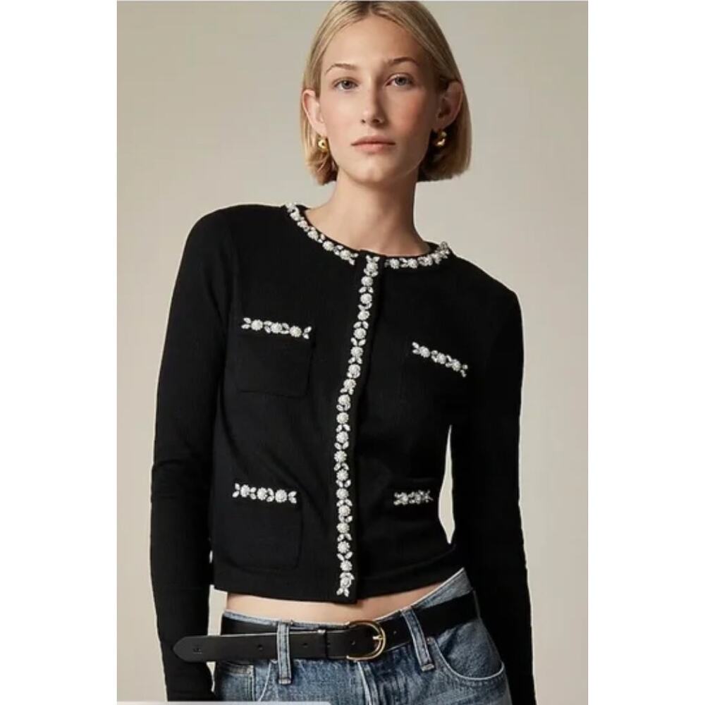 J. Crew Vintage Rib Lady Jacket w/ Pearl & Crystal Trim Cardigan Size Medium NWT